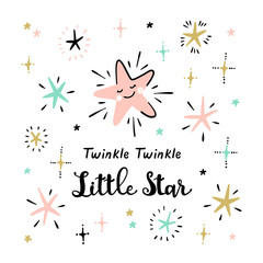 T-shirt Print Design for Kids with Cute Stars and "Twinkle Twinkle Little Star" Phrase. Scandinavian Poster with Space Stars for Nursery Design. Baby Shower, Holiday or Birthday Background.
