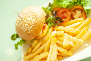 Hamburger with french fries on white plate.