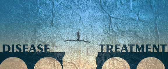 Attractive young woman jumping over a gap in the bridge. From disease to treatment medicine concept