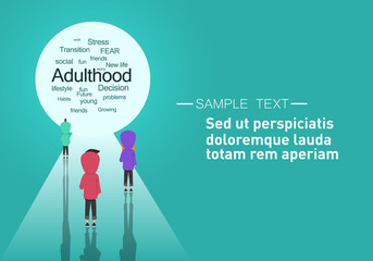 Transitions to adulthood concept.Young characters standing near white passage with different adulthood words.Copyspace.Flat cartoon design