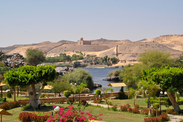 Botanical Garden in Aswan, Egypt. A view of  Aga Khan Mausoleuem 