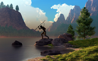 A Native American man spear fishes on a serene lake in a green valley somewhere in the American wild west. 3D Rendering