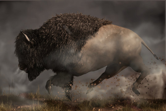 An American Bison In Profile.  This Buffalo Is Running And Kicking Up Clouds Of Dust As He Makes His Way Across The Prarie Of The Wilderness Of The American West. 3D Rendering