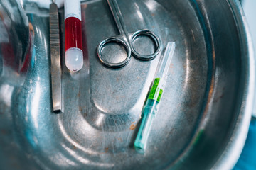 Surgical tray with medical equipment for blood taking