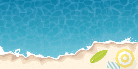 Fototapeta na wymiar summer beach and ocean background banner with umbrella and surfboard