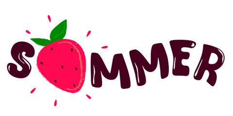 Summer. Handwritten text SUMMER with strawberries instead of letters. Vector illustration on white background.