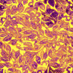 Abstract floral ornament of dark violet color drawing on a yellow color