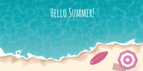 Fototapeta na wymiar Hello summer, beach and ocean background banner vector illustration with surfboard and parasol
