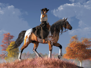 With a rifle resting on her shoulder a cowgirl wearing a black dress and white blouse in the saddle of a paint horse looks back at you in this scene from the American Wild West. 3D Rendering © Daniel Eskridge