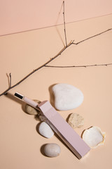 Pastel color perfume's pack falling. Abstract still life. Makeup collection 6.