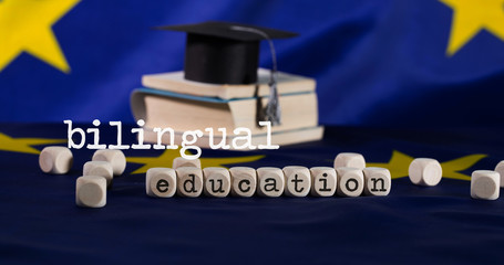 Words BILINGUAL EDUCATION  composed of wooden letters.