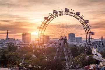 Fototapete Wien Blick über den Prater mit Riesenrad und Skyline, Wien, Österreich
