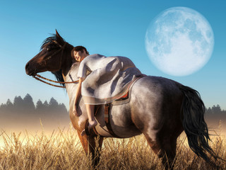 Still in the saddle, a woman who went for a late night rider wears a nightgown and rests her head upon her horse who seems to stand watch over her. The full moon stays in the sky. 3D Rendering © Daniel Eskridge