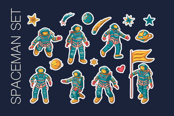 Fototapeta premium Astronaut in various poses. Other space vector set. Isolated spaceman icon collection. Clipart with cute cosmonaut characters, space explorer or pilot.