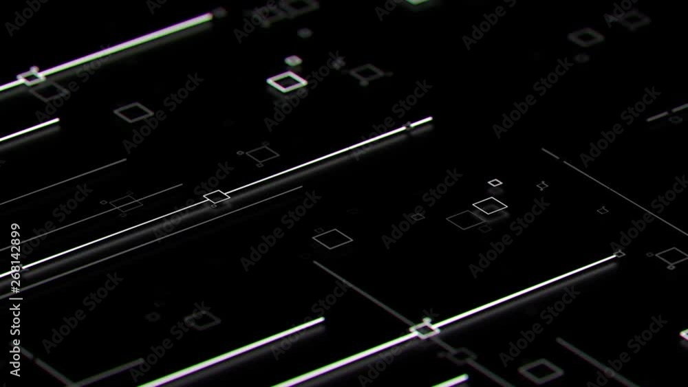 Poster 3d render digital abstract background with technology lines and square elements above dark reflectiv