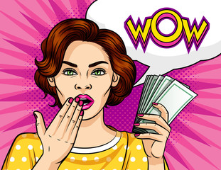 Color vector in comic style pop art illustration of a girl with a wad of money in her hand. Beautiful woman in shock. Brunette with green eyes and an inscription wow on a speech bubble