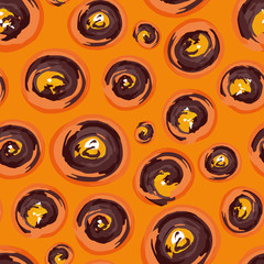 Tribal hand drawn brown, orange and white painted swirls. Seamless vector pattern on warm orange background Great for wellness, travel products, wallpaper, stationery, home decor, fashion, brochures
