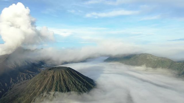 Aerial shot of Mountain Bromo active volcano crater in East Java, Indonesia.