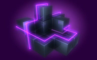 3D abstract cubes background with neon lights . 3d illustration3