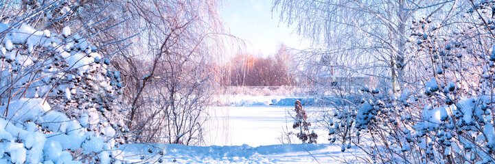 Banner 3:1. Winter landscape. Winter road and trees covered with snow. Sky and sunlight through the frozen tree branches. Copy space. Soft focus
