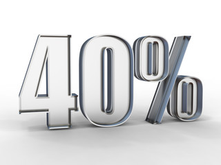 3D render of 40 procent of discount sale text in glass isolated on white