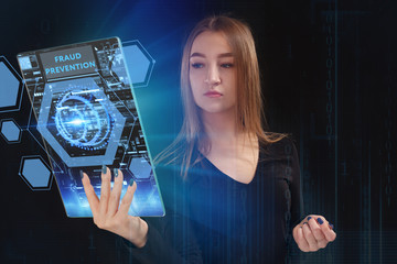 The concept of business, technology, the Internet and the network. A young entrepreneur working on a virtual screen of the future and sees the inscription: Fraud prevention
