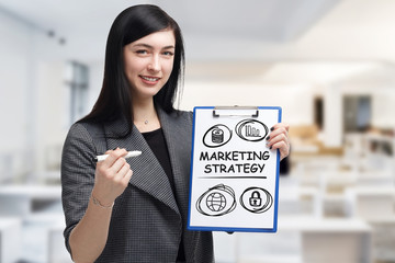 Business, technology, internet and networking concept. Young entrepreneur showing keyword:...