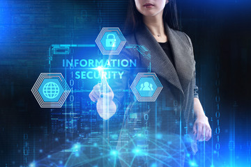 The concept of business, technology, the Internet and the network. A young entrepreneur working on a virtual screen of the future and sees the inscription: Information security