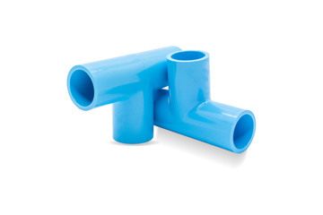 Blue pvc plastic pipe T-joint fitting connect 3 pipe isolated white background.