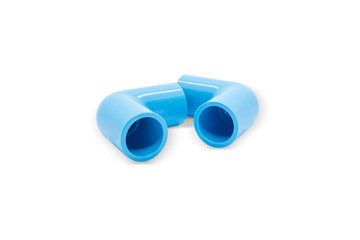 PVC blue pipe elbow 90 degree connect fitting isolated white background.