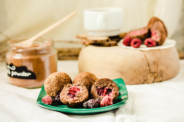 Sweet Chocolate Balls in Bucket for Rawfoodist. Yummy Natural Healthy Truffles with Cocoa Powder. Vegan Food Dessert Concept. Practice of Eating Uncooked Product.