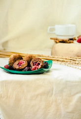 Sweet Chocolate Balls in Bucket for Rawfoodist. Yummy Natural Healthy Truffles with Cocoa Powder. Vegan Food Dessert Concept. Practice of Eating Uncooked Product.