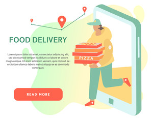 Deliveryman gives the order to customer on the abstract background. Courier delivers pizza out of the phone screen. Online fast food delivery service banner concept with the place for your text. 