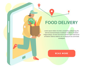 Deliveryman gives the order to customer on the abstract background. Courier delivers fresh food out of the phone screen. Online fast food delivery service banner concept with the place for your text.