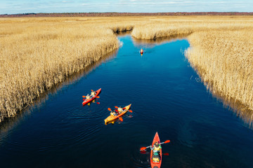Group of people in kayaks among reeds on the autumn river.
