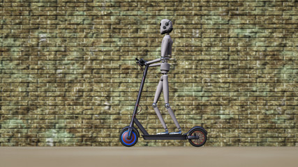 A robot drives on the sidewalk with an electric scooter (3d rendering)