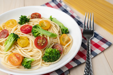 Vegetables spaghetti with tomato and broccoli, healthy vegetarian meals concept