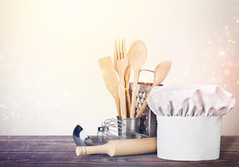 Set of kitchen utensils on background