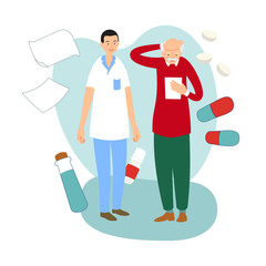 Patient reads a medical report or medication list. Doctor consultation. Practicing doctor offers treatment plan to sick elderly man. Medical appointment. Illustration on background with medicaments