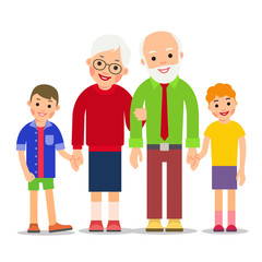 Old couple and children. Happy children and grandparents. Happy family concept. Grandmother and grandfather stand by and hold hands grandchildren. Illustration isolated on white background in flat