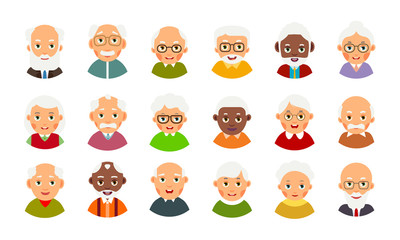 Icon with avatar older people for concept design. Set avatars elderly men and women. Selection cartoon illustration isolated on white background in flat style