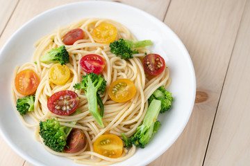 Vegetables spaghetti with tomato and broccoli, healthy vegetarian meals concept