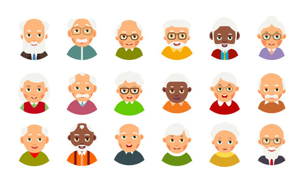 Icon With Avatar Older People For Concept Design. Set Avatars Elderly Men And Women. Selection Cartoon Illustration Isolated On White Background In Flat Style