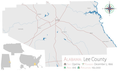 Obraz premium Large and detailed map of Lee county in Alabama, USA