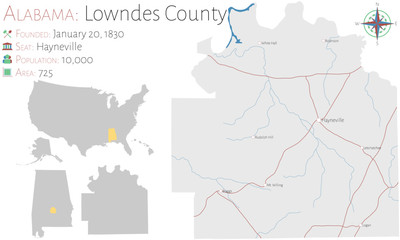 Large and detailed map of Lowndes county in Alabama, USA
