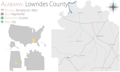 Fototapeta premium Large and detailed map of Lowndes county in Alabama, USA