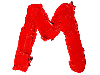 Handwritten big english capital letter M made of smudged red lipstick isolated on white background