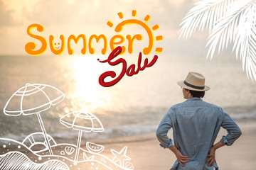 Young Asian man wearing denim jean clothes and hat enjoy looking at sunset on the beach with summer sale banner and beach stuffs outline sketch. Fashionable shopping lifestyle in summer season concept