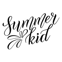Summer kid. Childish design element for seasonal children's clothes. Black isolated cursive. Calligraphic style. Script lettering. Vector.