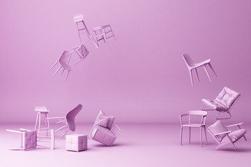 A lot of chairs on a purple background. -3d render